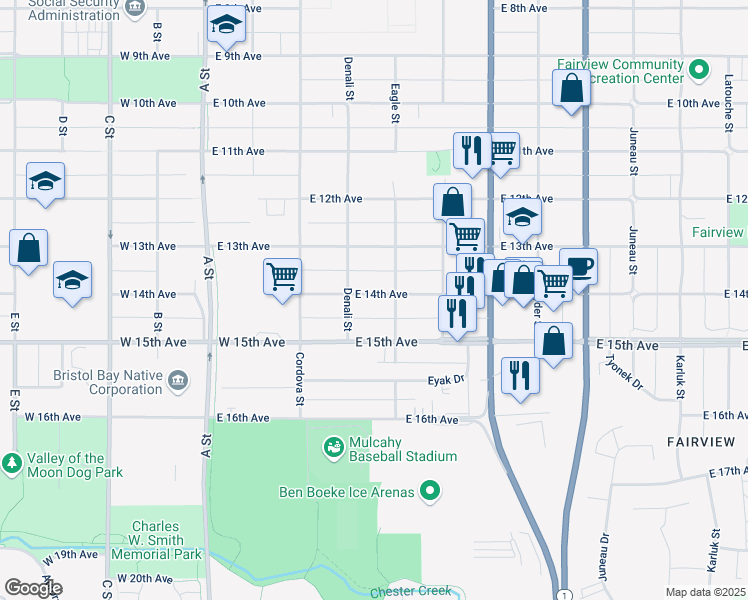 map of restaurants, bars, coffee shops, grocery stores, and more near 424 East 14th Avenue in Anchorage