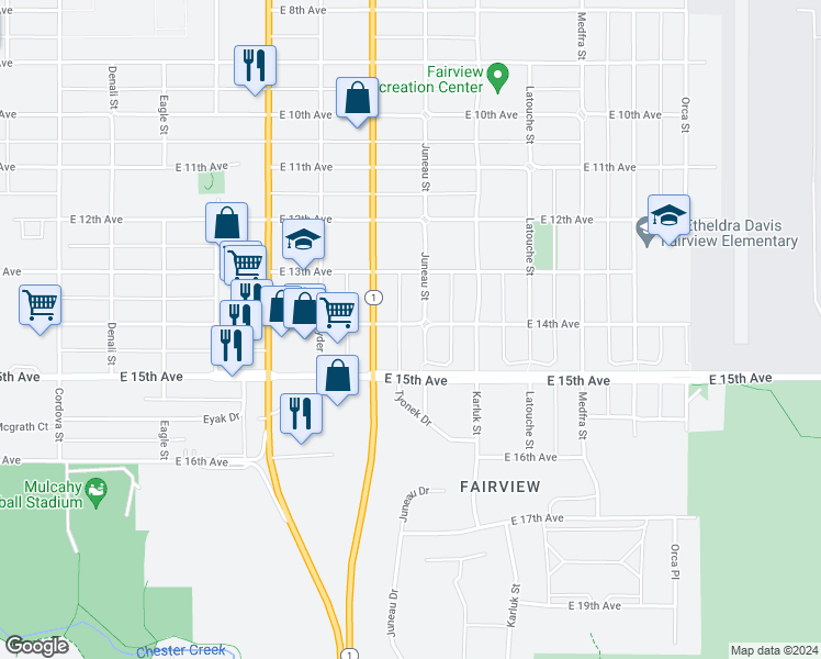 map of restaurants, bars, coffee shops, grocery stores, and more near 1338 Juneau Street in Anchorage