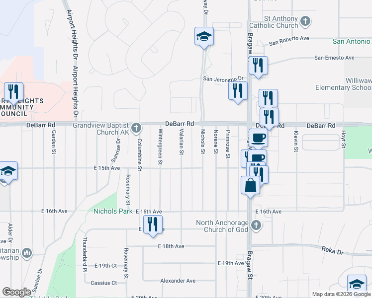 map of restaurants, bars, coffee shops, grocery stores, and more near 1327 Valarian Street in Anchorage