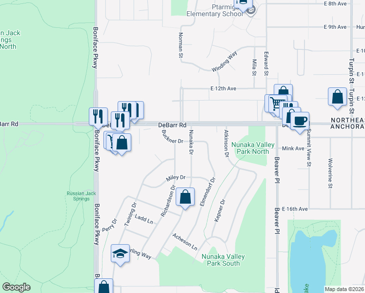 map of restaurants, bars, coffee shops, grocery stores, and more near 1304 Nunaka Drive in Anchorage