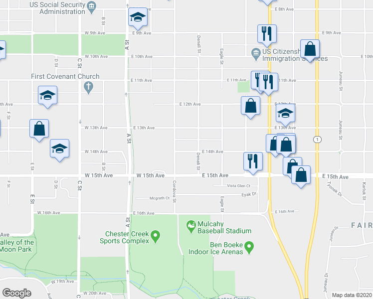 map of restaurants, bars, coffee shops, grocery stores, and more near 317 East 14th Avenue in Anchorage