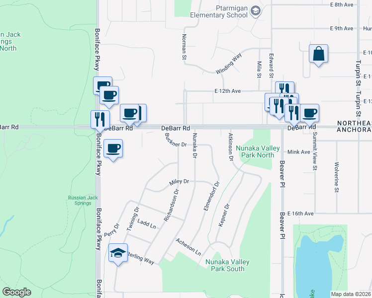 map of restaurants, bars, coffee shops, grocery stores, and more near 1304 Nunaka Drive in Anchorage