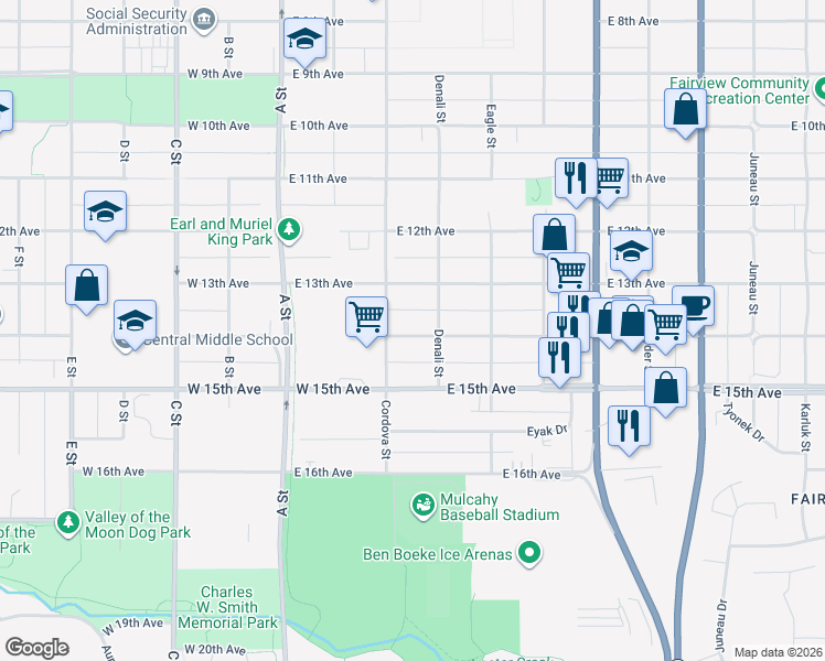 map of restaurants, bars, coffee shops, grocery stores, and more near 317 East 14th Avenue in Anchorage