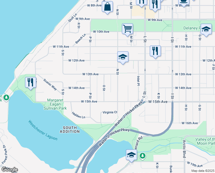 map of restaurants, bars, coffee shops, grocery stores, and more near 1328 O Street in Anchorage