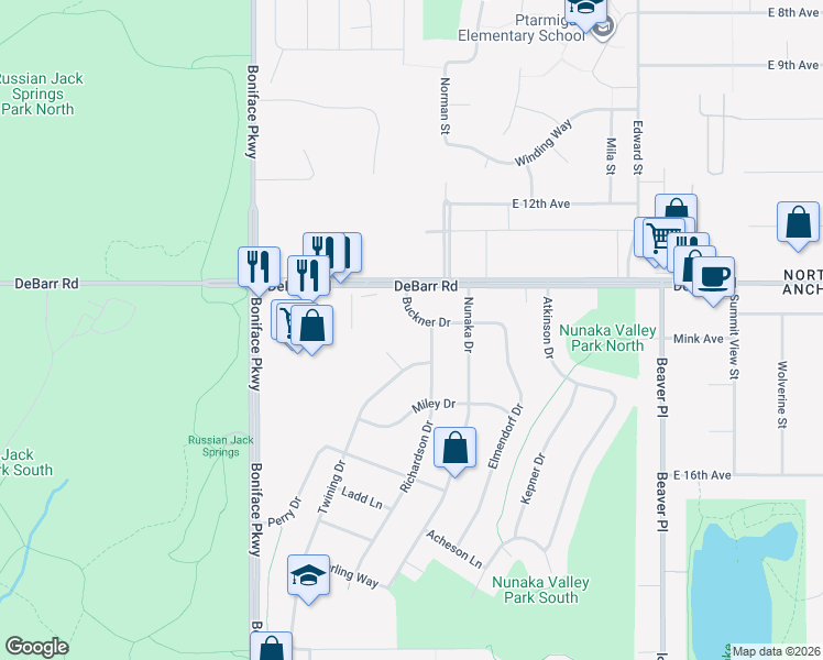 map of restaurants, bars, coffee shops, grocery stores, and more near 5816 Buckner Drive in Anchorage