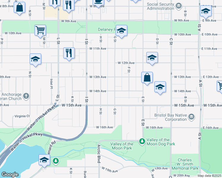 map of restaurants, bars, coffee shops, grocery stores, and more near 1344 G Street in Anchorage