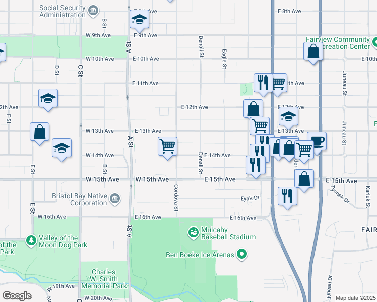 map of restaurants, bars, coffee shops, grocery stores, and more near 329 East 14th Avenue in Anchorage