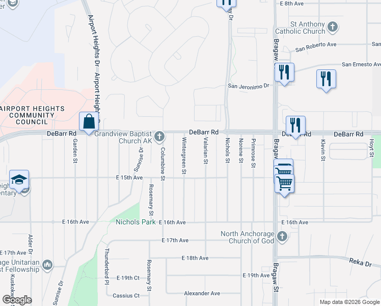 map of restaurants, bars, coffee shops, grocery stores, and more near 1327 Wintergreen Street in Anchorage