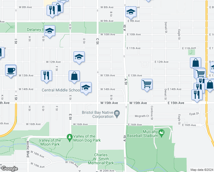 map of restaurants, bars, coffee shops, grocery stores, and more near 209 West 14th Avenue in Anchorage
