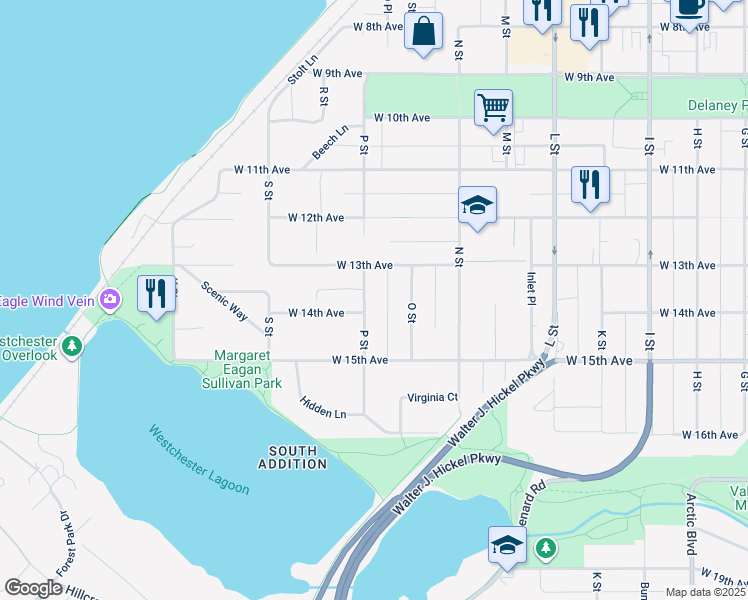 map of restaurants, bars, coffee shops, grocery stores, and more near 1333 P Street in Anchorage