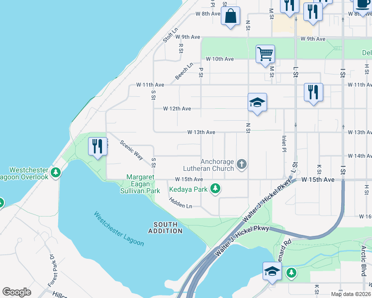 map of restaurants, bars, coffee shops, grocery stores, and more near 1531 West 14th Avenue in Anchorage