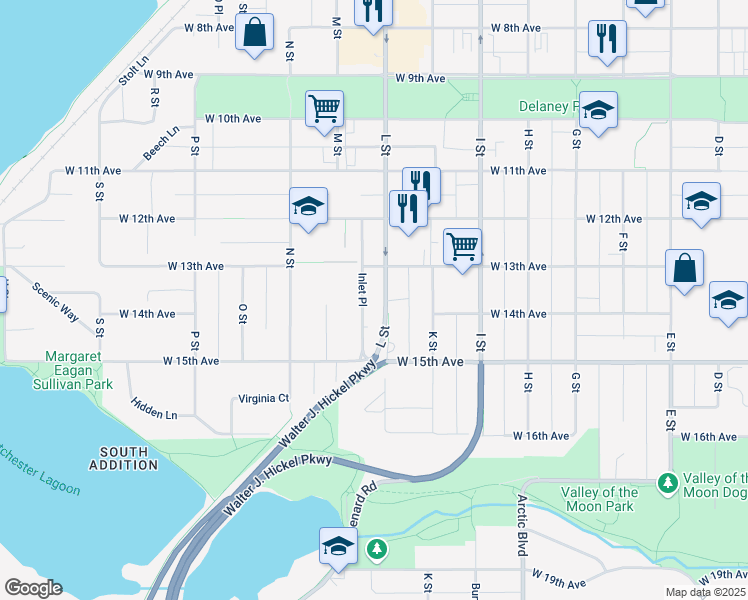 map of restaurants, bars, coffee shops, grocery stores, and more near 1335 Inlet Place in Anchorage