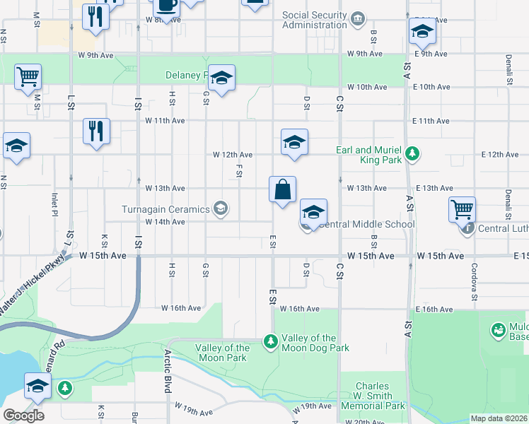 map of restaurants, bars, coffee shops, grocery stores, and more near 1338 E Street in Anchorage