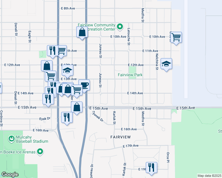 map of restaurants, bars, coffee shops, grocery stores, and more near 1334 Karluk Street in Anchorage