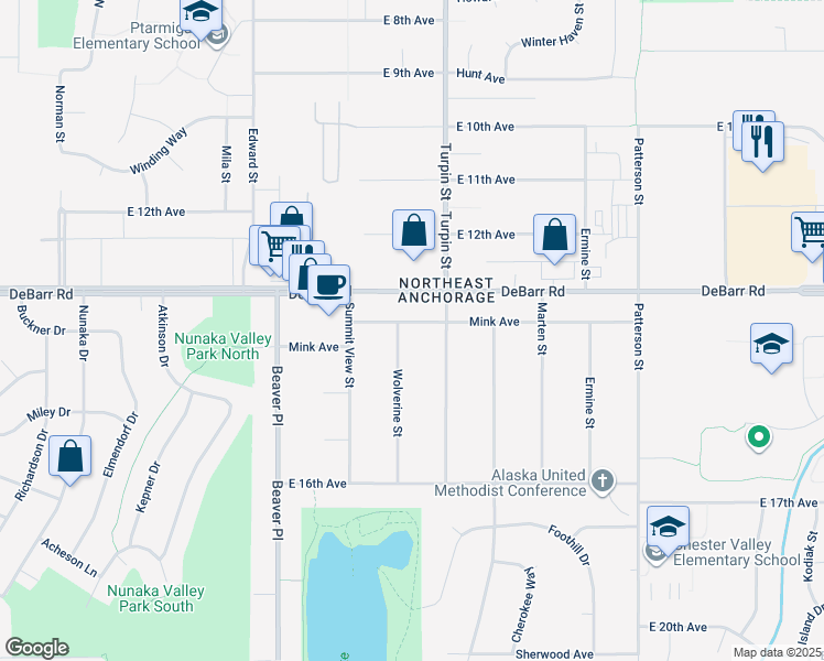 map of restaurants, bars, coffee shops, grocery stores, and more near 6604 Mink Avenue in Anchorage