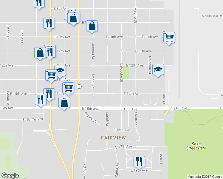 map of restaurants, bars, coffee shops, grocery stores, and more near 1335 Karluk Street in Anchorage