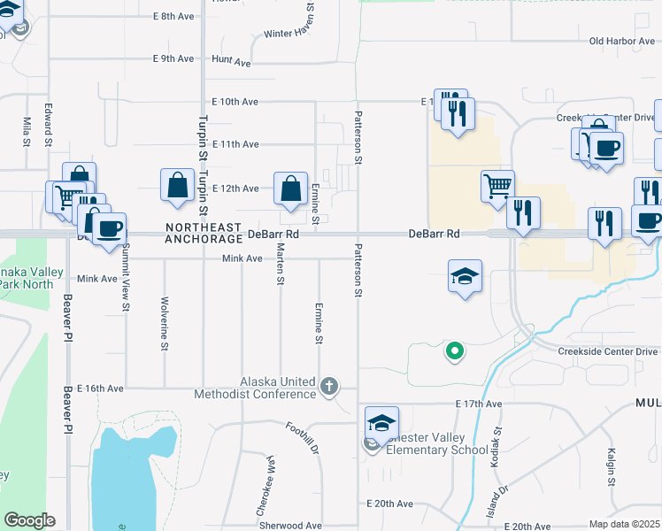 map of restaurants, bars, coffee shops, grocery stores, and more near 7004 Mink Avenue in Anchorage