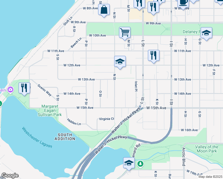 map of restaurants, bars, coffee shops, grocery stores, and more near 1334 N Street in Anchorage