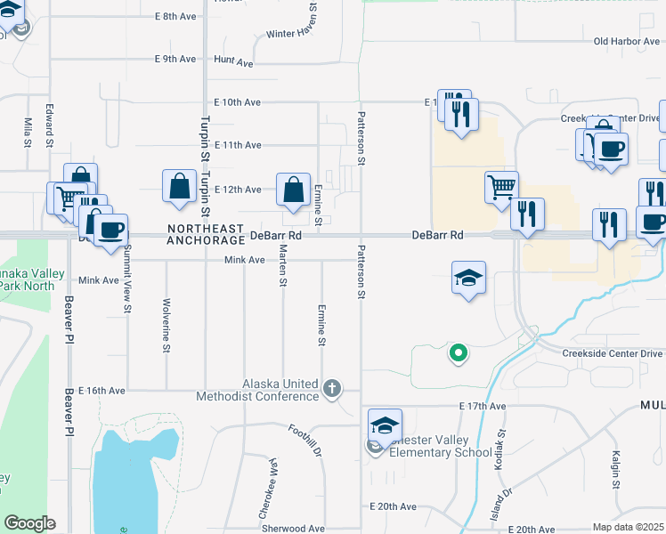 map of restaurants, bars, coffee shops, grocery stores, and more near 7004 Mink Avenue in Anchorage