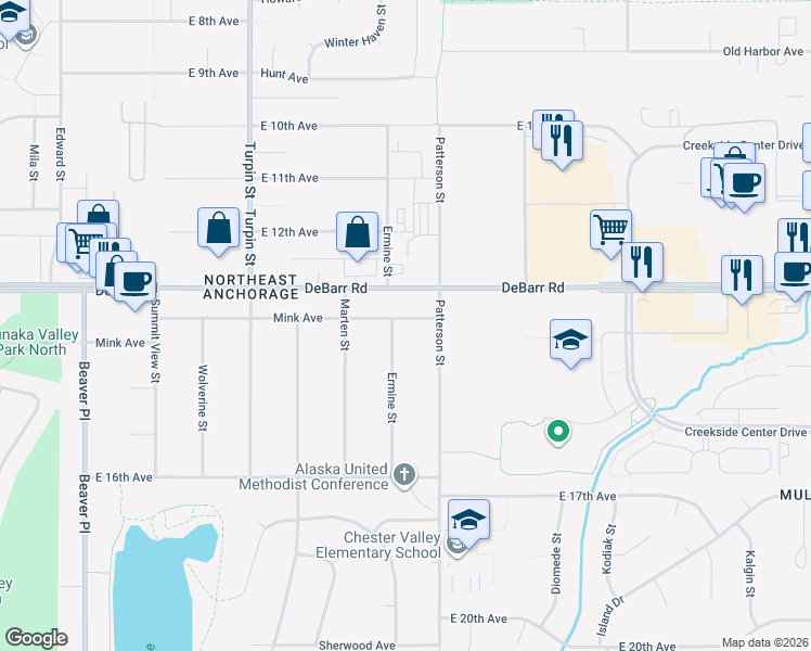 map of restaurants, bars, coffee shops, grocery stores, and more near 7004 Mink Avenue in Anchorage