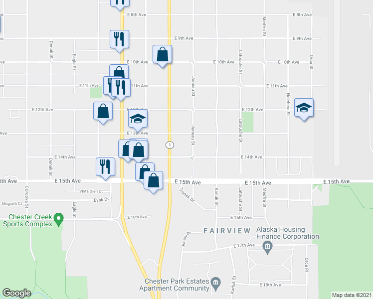 map of restaurants, bars, coffee shops, grocery stores, and more near 1338 Juneau Street in Anchorage