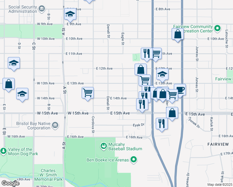 map of restaurants, bars, coffee shops, grocery stores, and more near 445 East 14th Avenue in Anchorage