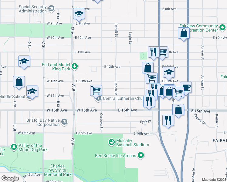 map of restaurants, bars, coffee shops, grocery stores, and more near 1341 Denali Street in Anchorage
