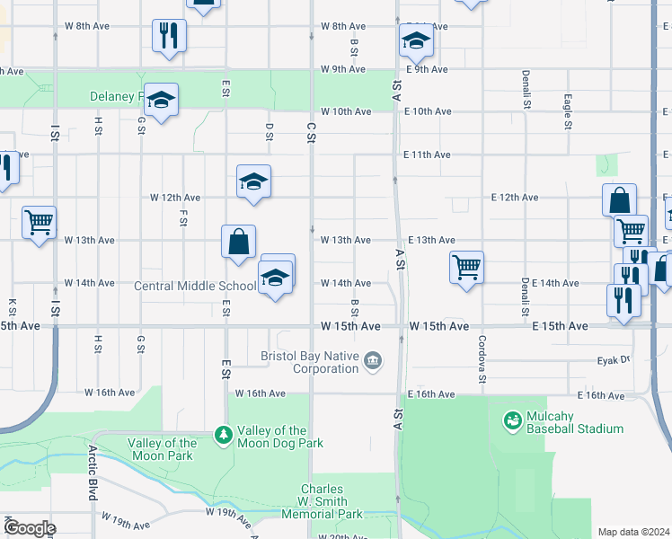 map of restaurants, bars, coffee shops, grocery stores, and more near 209 West 14th Avenue in Anchorage