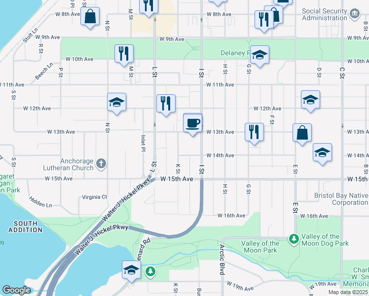 map of restaurants, bars, coffee shops, grocery stores, and more near 939 K Street in Anchorage