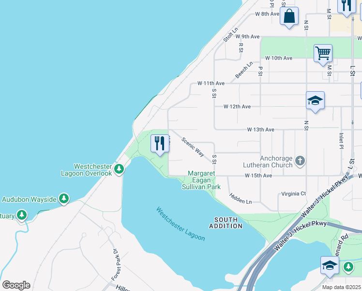 map of restaurants, bars, coffee shops, grocery stores, and more near 1804 Scenic Way in Anchorage