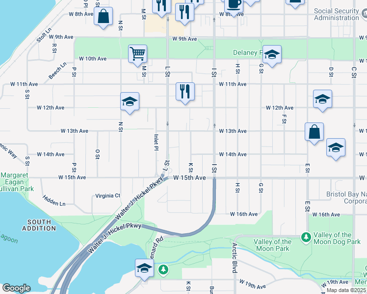 map of restaurants, bars, coffee shops, grocery stores, and more near 1334 K Street in Anchorage