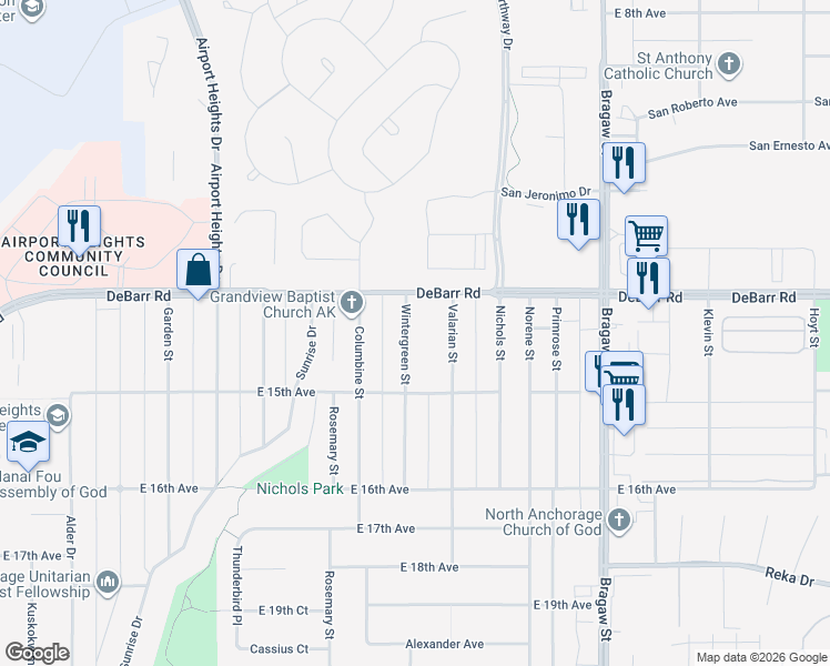 map of restaurants, bars, coffee shops, grocery stores, and more near 1327 Wintergreen Street in Anchorage