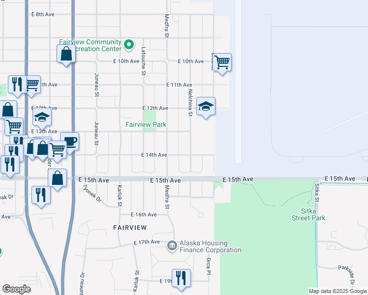 map of restaurants, bars, coffee shops, grocery stores, and more near 1330 Nelchina Street in Anchorage