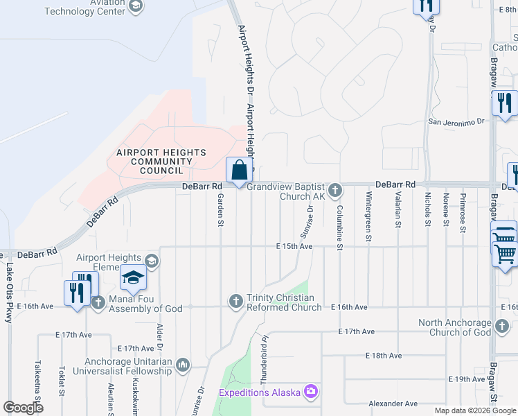map of restaurants, bars, coffee shops, grocery stores, and more near 1327 Airport Heights Drive in Anchorage