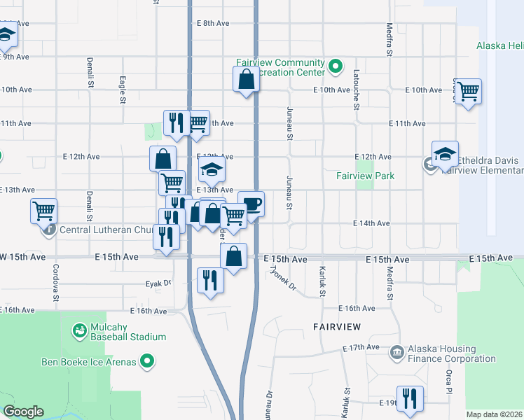 map of restaurants, bars, coffee shops, grocery stores, and more near in Anchorage