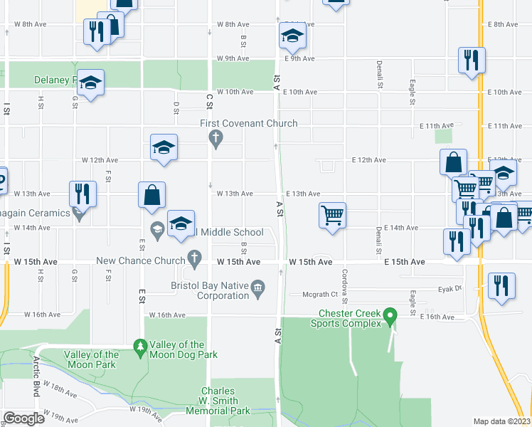 map of restaurants, bars, coffee shops, grocery stores, and more near 100 West 13th Avenue in Anchorage