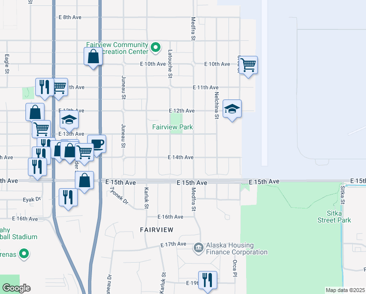 map of restaurants, bars, coffee shops, grocery stores, and more near 1326 Medfra Street in Anchorage