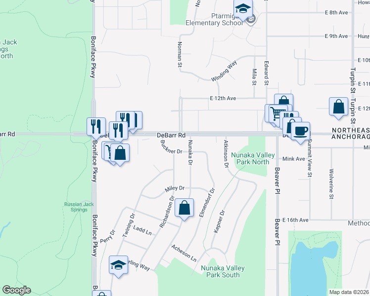 map of restaurants, bars, coffee shops, grocery stores, and more near 1304 Nunaka Dr in Anchorage
