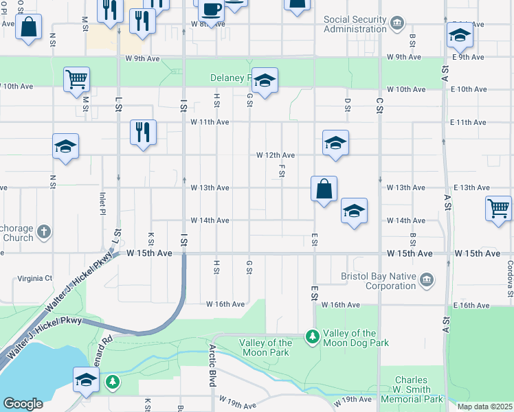 map of restaurants, bars, coffee shops, grocery stores, and more near 1327 G Street in Anchorage