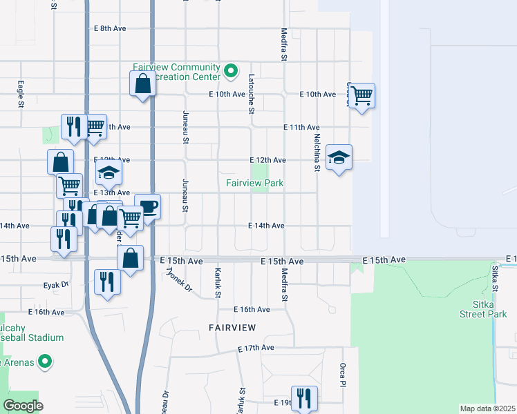 map of restaurants, bars, coffee shops, grocery stores, and more near 1315 Latouche Street in Anchorage
