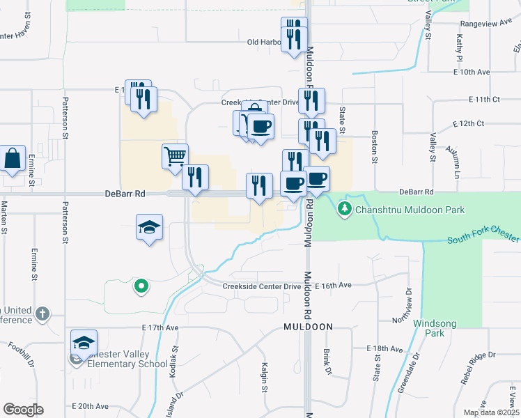 map of restaurants, bars, coffee shops, grocery stores, and more near 7710 Grass Creek Road in Anchorage