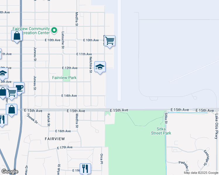 map of restaurants, bars, coffee shops, grocery stores, and more near 1343 Orca Street in Anchorage