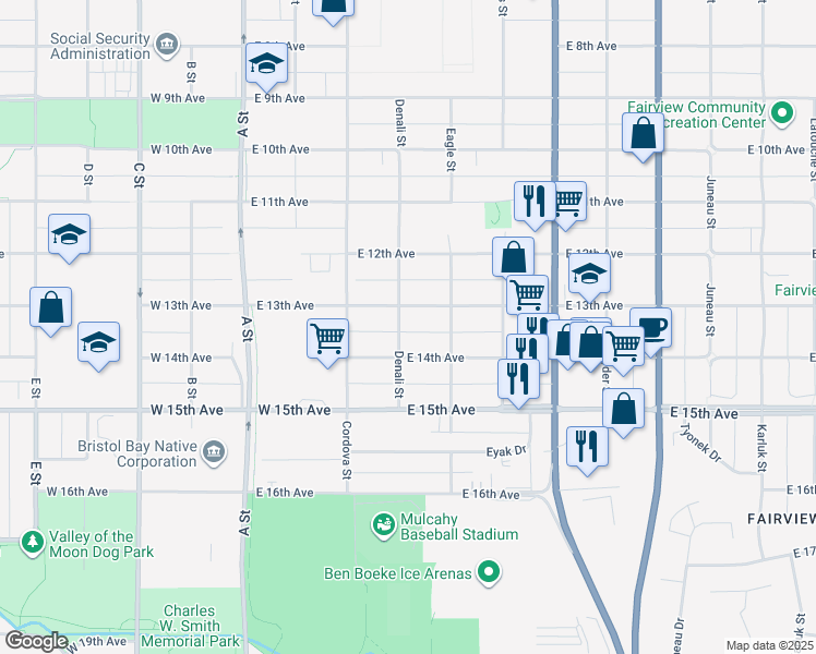 map of restaurants, bars, coffee shops, grocery stores, and more near 1325 Denali Street in Anchorage