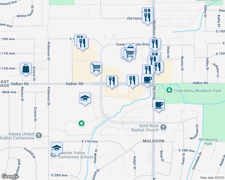 map of restaurants, bars, coffee shops, grocery stores, and more near 7600 DeBarr Road in Anchorage