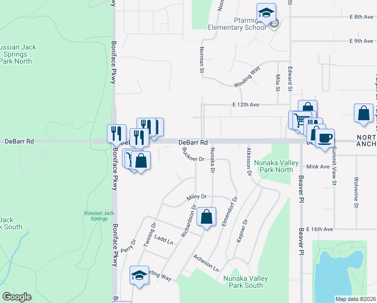 map of restaurants, bars, coffee shops, grocery stores, and more near 5816 Buckner Drive in Anchorage
