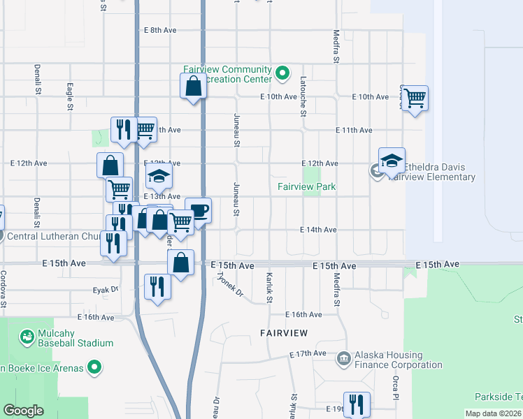 map of restaurants, bars, coffee shops, grocery stores, and more near 1334 Karluk Street in Anchorage