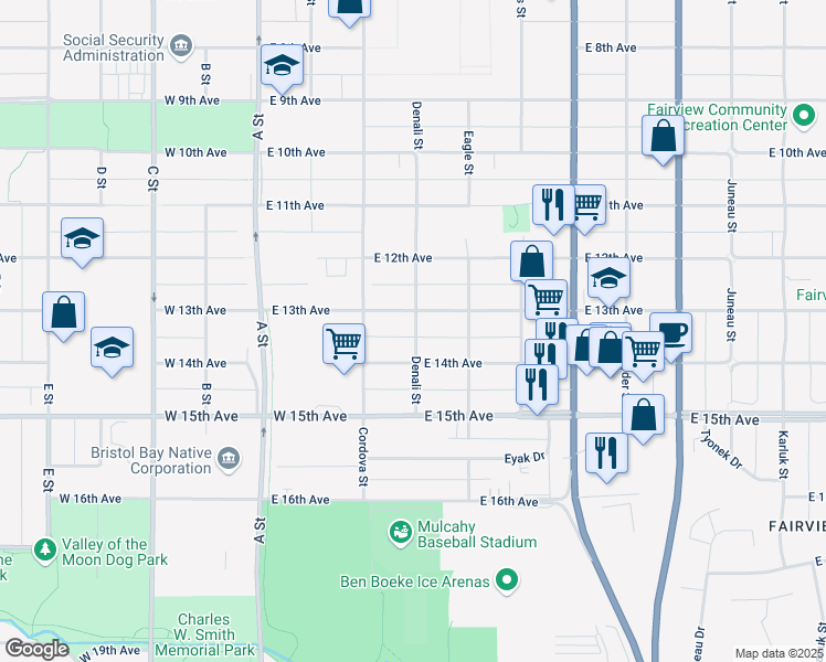 map of restaurants, bars, coffee shops, grocery stores, and more near 1341 Denali Street in Anchorage