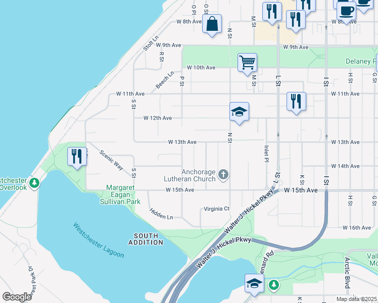 map of restaurants, bars, coffee shops, grocery stores, and more near 1333 P Street in Anchorage