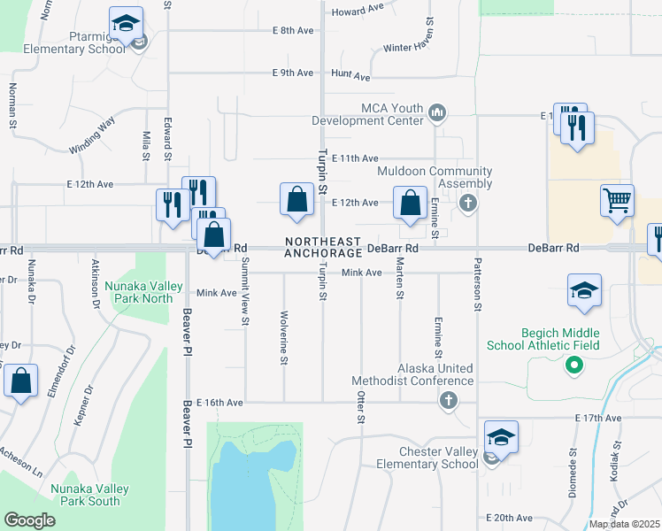 map of restaurants, bars, coffee shops, grocery stores, and more near 1321 Turpin Street in Anchorage