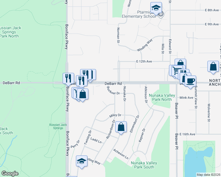 map of restaurants, bars, coffee shops, grocery stores, and more near 5816 Buckner Drive in Anchorage